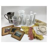 Milk Glass Vases, Crochet Linens, Pitchers