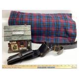 Plaid Textile, Leather Sidearm Holster, Wooden Doc