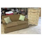 Brown loveseat pullout bed, wood dresser