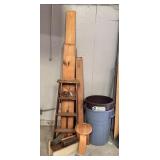 Wood boards, ladder, stool, 2 trash bins