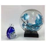 Glass Penguin Figurine, Glass Orb With Blue Floral