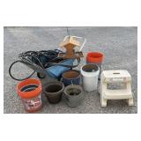 Garden cart, buckets, planters, stool