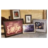 Framed artwork: floral, owl, family portrait