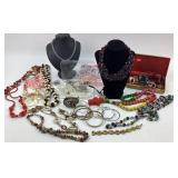 Costume Jewelry: AB necklace, Owl bracelet, shell