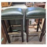Bar Stools (2) Green Padded Seats With 2 Rows Of