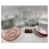 Glass, Ceramic Bowls, Vases, Pink Depression Dish