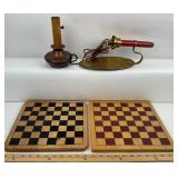 Brass Candle Holder, Wooden Checker Boards, Copper