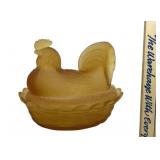 Frosted Amber Glass Hen on Nest Dish