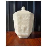 White Milk Glass Lidded Jar with Grape Design