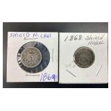 1868/1869 Shield Nickels Ex-fine