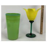 Studio Nova Yellow Tulip Vase, Art Glass Lime Gree
