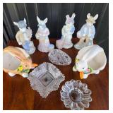 Porcelain Bunny Figurines, Glass Dishes