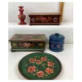 Hand Painted Wooden Chests, Plate, Jar, Candlestic