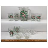 Opalescent Hobnail Creamer, Mexico Pitcher & Glass
