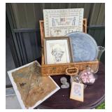 Handmade Wall Art, Basket, Pewter Plate, Glassware