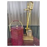 Red Faux Snake Skin Ice Bucket, Brass Fireplace To