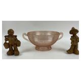 Pink Depression Glass Bowl with Two Wooden Figurin