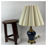 Wooden Stool, Brass Base Table Lamp