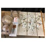 Floral Bird Art Panels, Straw Hats, Cosmetics