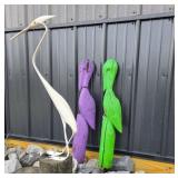 Wood Carved Birds, Metal Heron Garden Sculptures