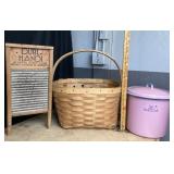 Woven Basket, Enamelware Diaper Pail, Washboard
