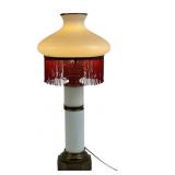 Brass, Glass Table Lamp With Red Bead Fringe Shade