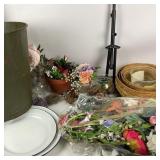 Artificial Flowers, Metal Bin, Plates, Wicker Item