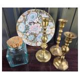 Toyo Floral Plate, Brass Candlesticks, Glass Jar