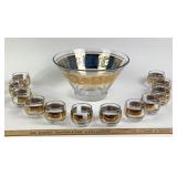 MCM Culver Glass Punch Bowl With 12 Matching Cups