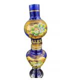 Cobalt Blue Glass Oil Lamp With Floral Design