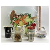 Glass Fruit Plate, Whiskey Pitchers, Ceramic Items