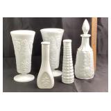 Milk Glass Vases, Decanter With Stopper