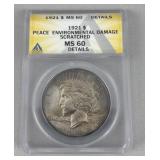 1921 Peace Dollar, Scratched MS 60 Environmental