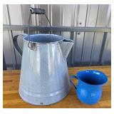 Gray Enamel Milk Pitcher, Cinsa Blue Mug