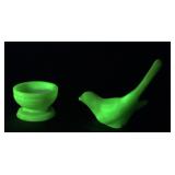 Fenton Uranium Glass Bird And Base of Fairy Lamp