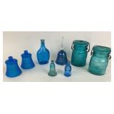 Blue Glass Jars, Bells, Bottles, Candleholders