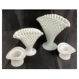 White Milk Glass Hobnail Vases and Toothpick Holde
