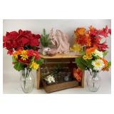 Faux Flowers, Santa Figurine, Glassware, Wood Tray