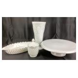 Milk Glass Vase, Pedestal Dish, Covered Jar, Divid