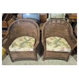 Brown Wicker Chairs (2) With Floral Seat Pads