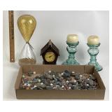 Glass Hourglass, Clock, Candle Holders, Stones