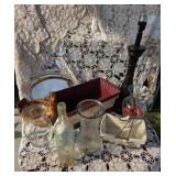 Glass Vases, Wooden Lamp, Lace Tablecloth +