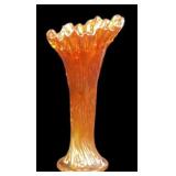 Marigold Carnival glass vase with crimped edge