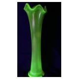 Swung carnival Vaseline glass iridescent vase 12