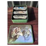 Wolf-Themed Folding Knives With Tin Box