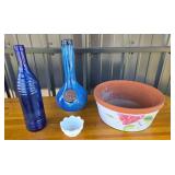 Blue Glass Bottle, Glazed Ceramic Vase, Floral Pla