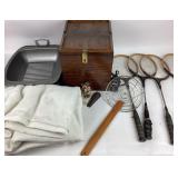 Badminton Rackets, Wooden Box, Metal Pan, Towels