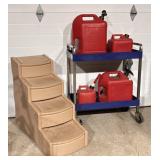Utility Cart, 4 Gas Cans, & Pet Stairs