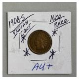 1908 - S Indian Head Penny Rare Au+/MS-60