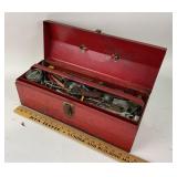 Red Metal Toolbox with Hand Tools and Contents